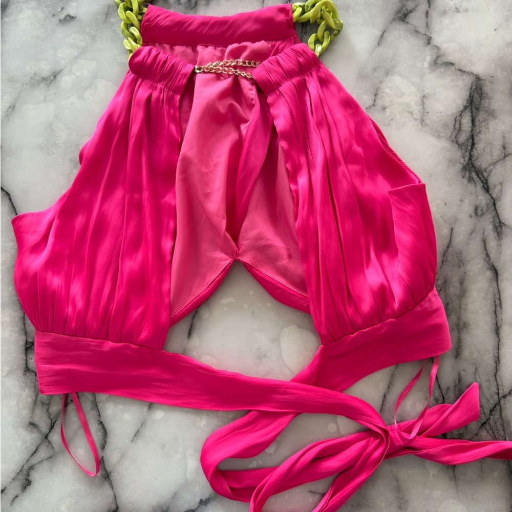 Vibrant Pink cropped Halter Top with Neon Green chain Straps - Picture 2 of 2